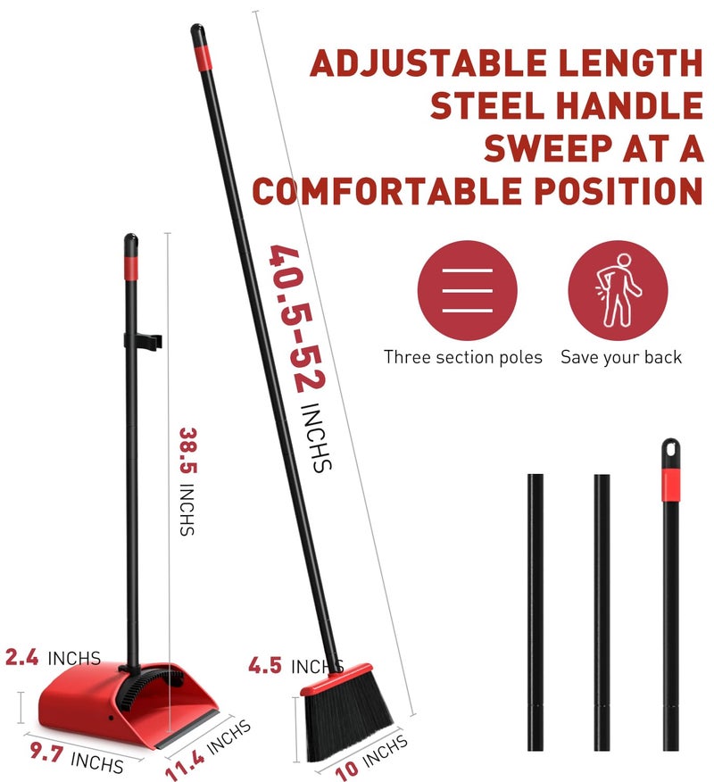 SONCAL Broom with Dustpan Combo Set，52"" Brooms for Sweeping Indoor Broom and Dustpan Set for Home Kitchen Office Lobby Floor Standing Dust Pan-Red - Image 5