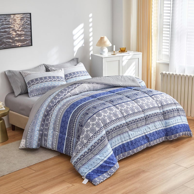 Flysheep Flysheep Bohemian Striped Bed in a Bag 7 Pieces King Size Boho Blue Grey Geometric Pattern Reversible Bed Comforter Set 1 Comforter 1 Flat Sheet 1 Fitted Sheet 2 Pillow Shams 2 Pillowcases 