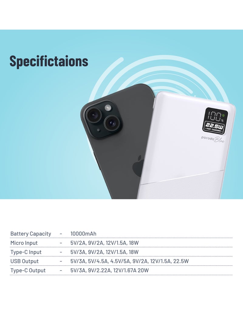 porodo - 20000mAh Quick Charge Power Bank with Dual USB Output / PD 20W / 22.5W QC3.0 / 18W Micro Input / Digital Display - White - Image 1