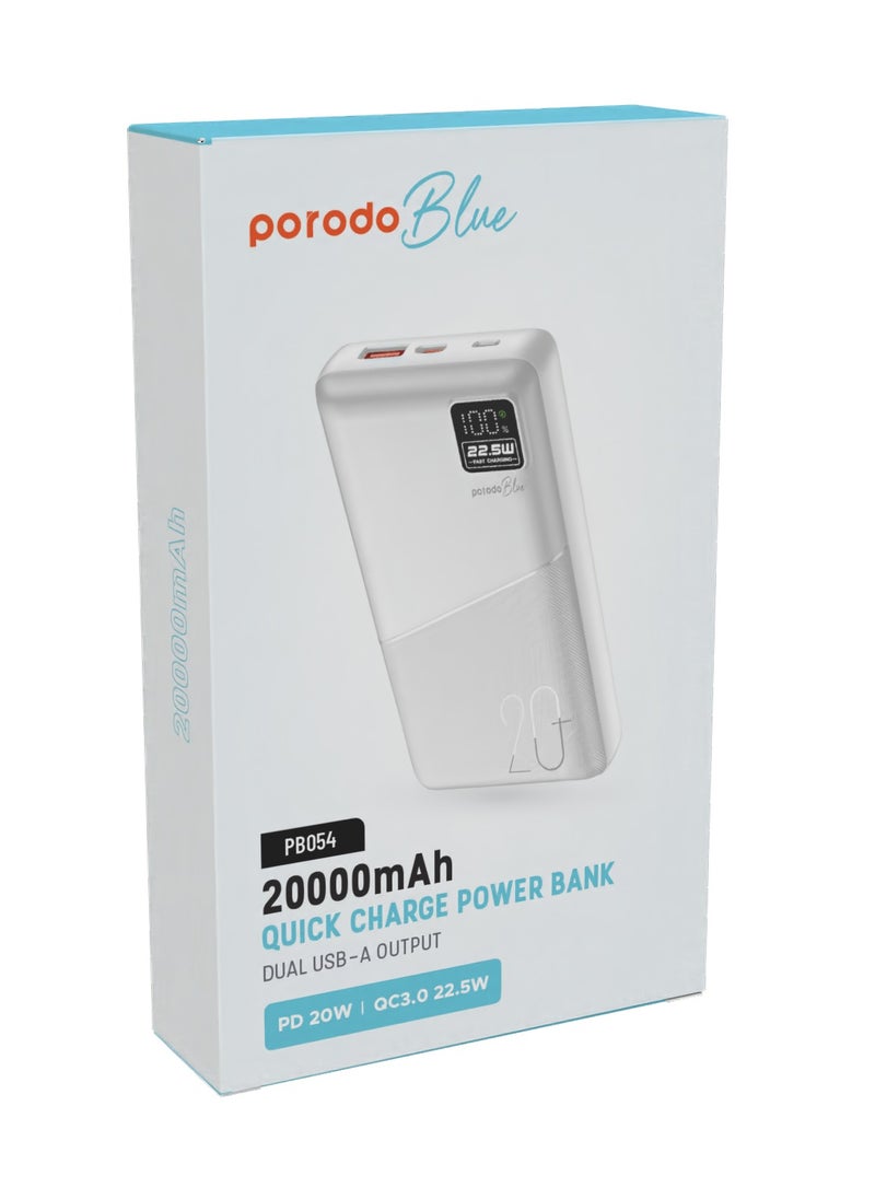 porodo - 20000mAh Quick Charge Power Bank with Dual USB Output / PD 20W / 22.5W QC3.0 / 18W Micro Input / Digital Display - White - Image 1