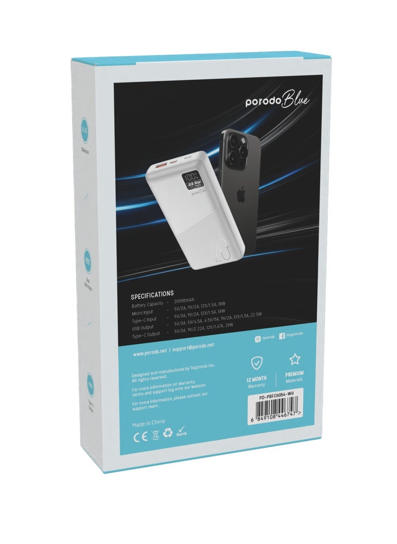 porodo - 20000mAh Quick Charge Power Bank with Dual USB Output / PD 20W / 22.5W QC3.0 / 18W Micro Input / Digital Display - White - Image 1