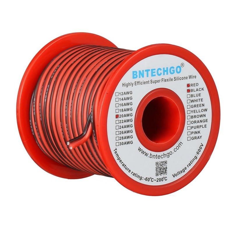BNTECHGO 20 Gauge Flexible 2 Conductor Parallel Silicone Wire Spool Red Black High Resistant 200 deg C 600V for Single Color LED Strip Extension Cable CordModel50ft Stranded Tinned Copper Wire