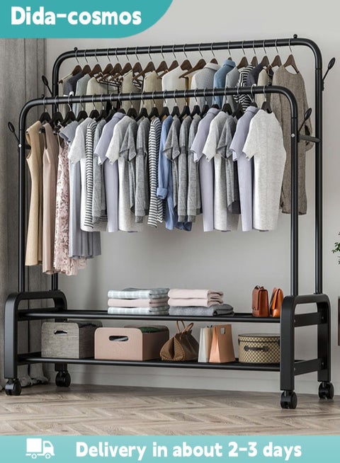 Metal Clothes Hanger Organizer with 2 Bottom Storage Shelves and Wheels, Freestanding Clothes Hanger, Portable Space Saving Rolling Clothes Storage Rack for Shoes, Hats, Clothes, Handbags Black