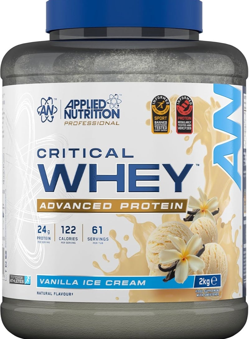 أبلايد نيوتريشن مسحوق بروتين مصل اللبن من أبلايد نيوتريشن كريتيكال، ٢ ​​كجم - مسحوق غني بالبروتين، ميلك شيك بروتين، مكمل غذائي لبناء العضلات مع الأحماض الأمينية المتشعبة والجلوتامين (٢ كجم - ٦٧ حصة، آيس كريم فانيليا) - Image 1