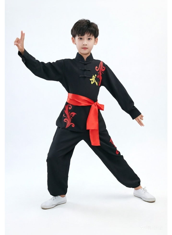 liannaner Kids Chinese Kung Fu Uniform, Black Martial Arts Training & Competition Costume, Long Sleeve Tai Chi Tang Suit with Embroidery & Red Sash for Boys and Girls - Image 1