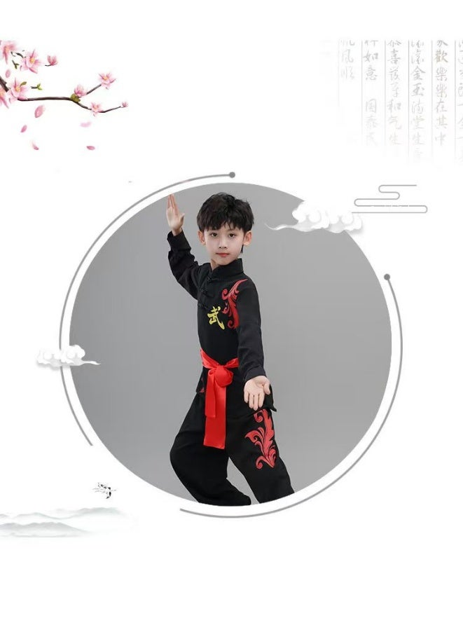 liannaner Kids Chinese Kung Fu Uniform, Black Martial Arts Training & Competition Costume, Long Sleeve Tai Chi Tang Suit with Embroidery & Red Sash for Boys and Girls - Image 3