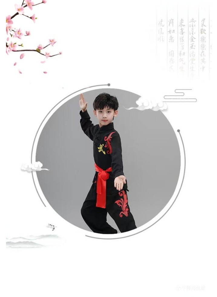 liannaner Kids Chinese Kung Fu Uniform, Black Martial Arts Training & Competition Costume, Long Sleeve Tai Chi Tang Suit with Embroidery & Red Sash for Boys and Girls - Image 4