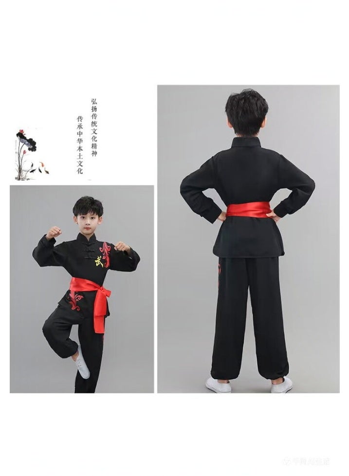 liannaner Kids Chinese Kung Fu Uniform, Black Martial Arts Training & Competition Costume, Long Sleeve Tai Chi Tang Suit with Embroidery & Red Sash for Boys and Girls - Image 2