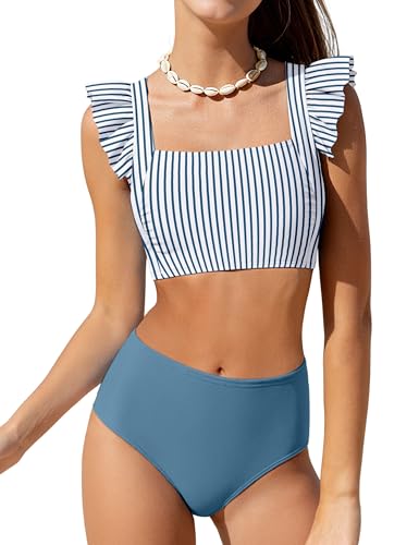 ZAANTI Bathing Suits for Girls 10-12 Square Neck Design Breathable Chest Pad Swimsuits for Teen Girls Adjustable Shoulder Straps 2 Piece Swimsuit for Teens Stripe+Blue Swimsuit Shorts - Image 1