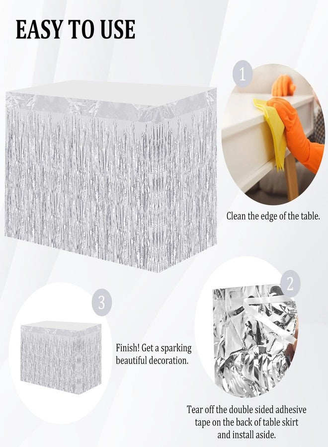 Oubaka 4 Pack 29.5x108 Inch Metallic Foil Fringe Tinsel Table Skirts, Streamer Garland Curtains Backdrop for Rectangle Tables Wedding Birthday Parade Floats Christmas Party Decoration(Silver) - Image 3