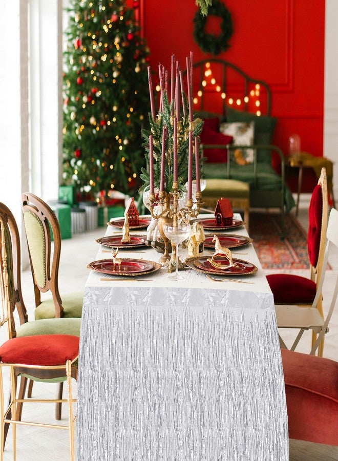 Oubaka 4 Pack 29.5x108 Inch Metallic Foil Fringe Tinsel Table Skirts, Streamer Garland Curtains Backdrop for Rectangle Tables Wedding Birthday Parade Floats Christmas Party Decoration(Silver) - Image 5