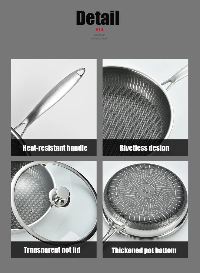 Wsstacxy 26/28CM Stainless Steel Frying Pan with Lid, Nonstick Fry Pan with Honeycomb Carving, Induction Skillet Compatible with All Cooktops - Image 3
