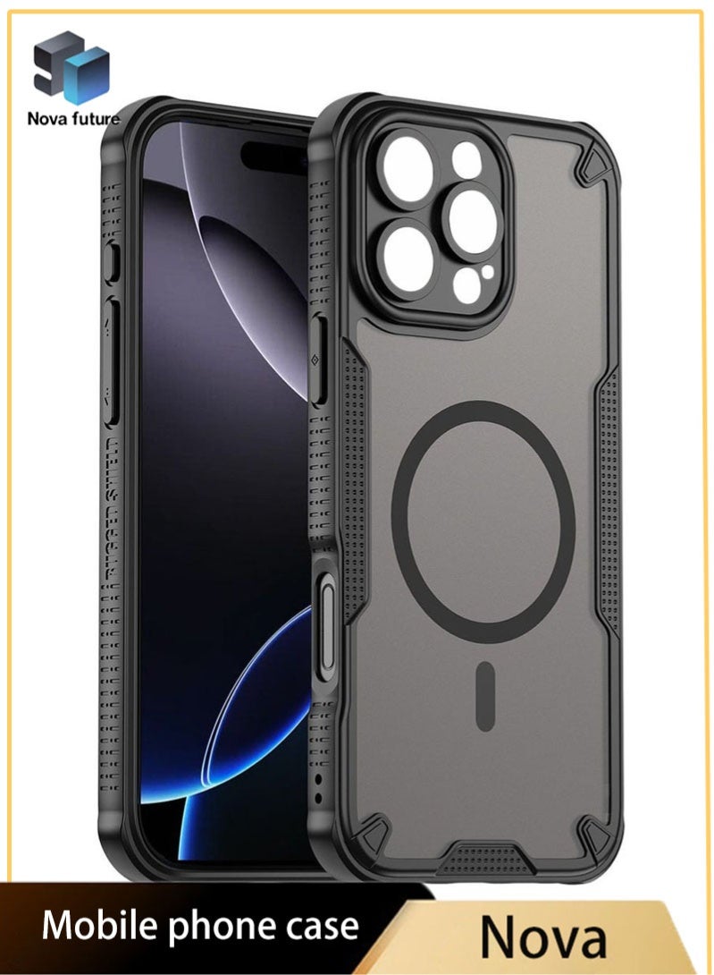 Nova future Magnetic Case Cover For iPhone 16 Pro Max 5G, Armor of Brushed Comfortable Oil Waterproof TPU+PC Soft Semi-translucentmatte Feel Cell Phone Protective Back Case for iPhone 16 Pro Max 5G, Black - Image 1