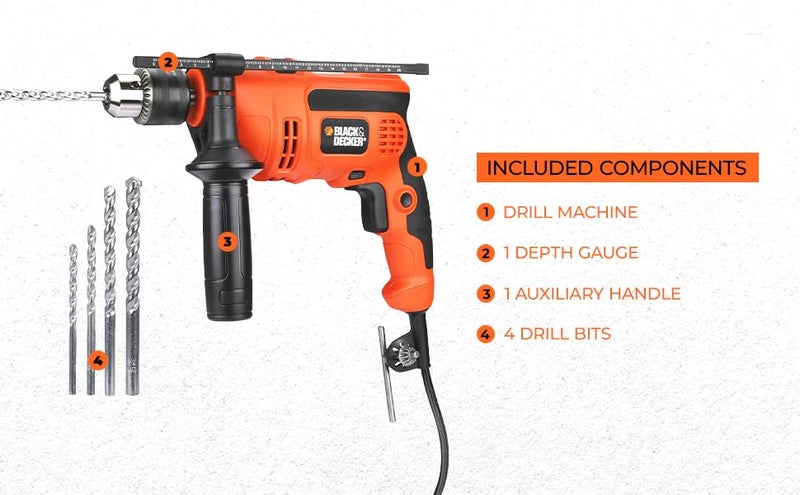 BLACK+DECKER KR554RE-IN 550W, 13mm CORDED Variable Speed Reversible IMPACT HAMMER DRILL with Lock-On Button & 4 Drill Bits, 2m Cable Length, Ideal For Home & DIY Use for Masonry, Steel & Wood, ORANGE - Image 4