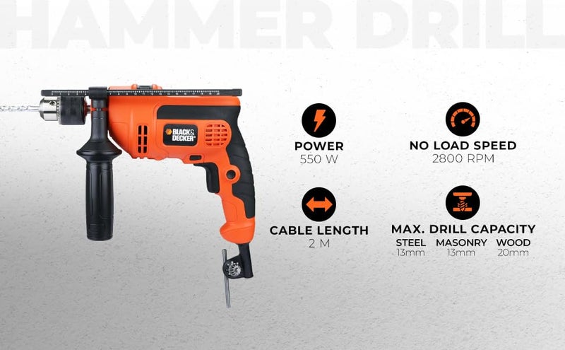 BLACK+DECKER KR554RE-IN 550W, 13mm CORDED Variable Speed Reversible IMPACT HAMMER DRILL with Lock-On Button & 4 Drill Bits, 2m Cable Length, Ideal For Home & DIY Use for Masonry, Steel & Wood, ORANGE - Image 2
