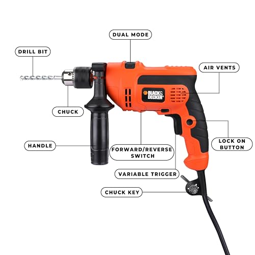 BLACK+DECKER KR554RE-IN 550W, 13mm CORDED Variable Speed Reversible IMPACT HAMMER DRILL with Lock-On Button & 4 Drill Bits, 2m Cable Length, Ideal For Home & DIY Use for Masonry, Steel & Wood, ORANGE - Image 3