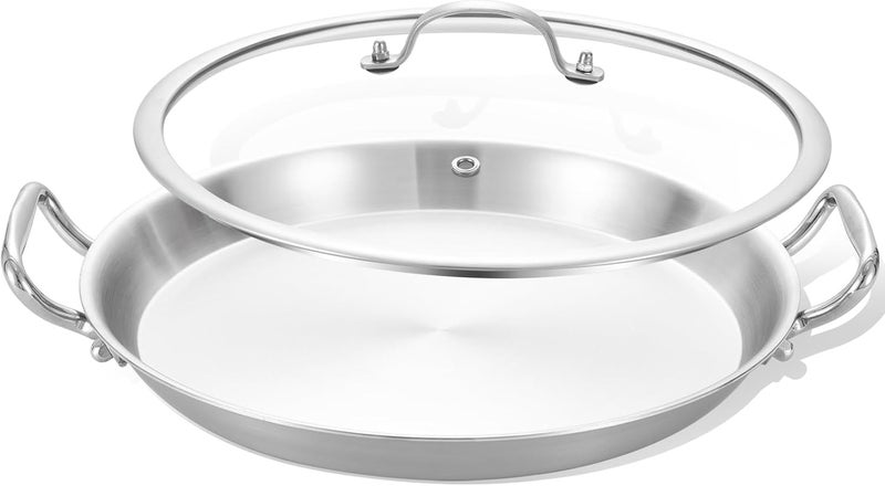 LOLYKITCH 12 Inch Tri-ply Stainless Steel Paella Pan,Griddle,Large Skillet,Omelet,Jumbo Cooker,Heavy Duty,Dishwasher and Oven Safe - Image 1