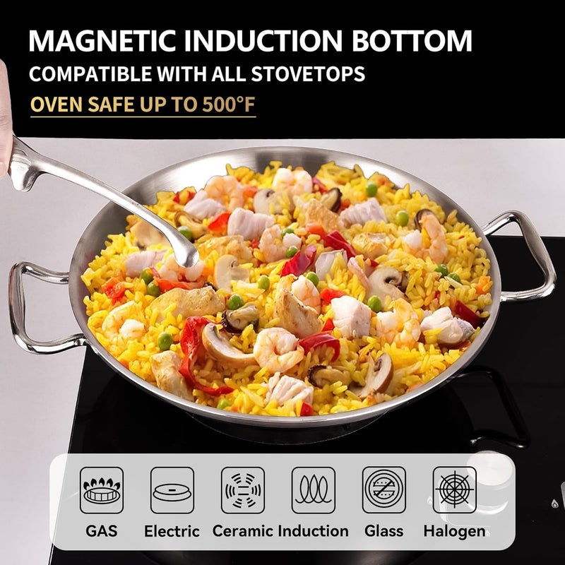 LOLYKITCH 12 Inch Tri-ply Stainless Steel Paella Pan,Griddle,Large Skillet,Omelet,Jumbo Cooker,Heavy Duty,Dishwasher and Oven Safe - Image 3