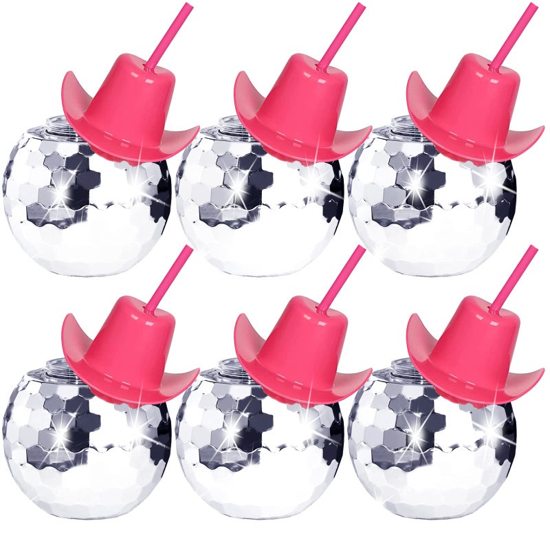 Tongnian Disco Ball Cups6 Pcs Silver Disco Cups with Cowboy Hat Lid and Straw Sparkly Glitter Disco Ball Tumbler Pink Western Cowgirl Hat Disco Ball Cocktail Cup for Party Supplies