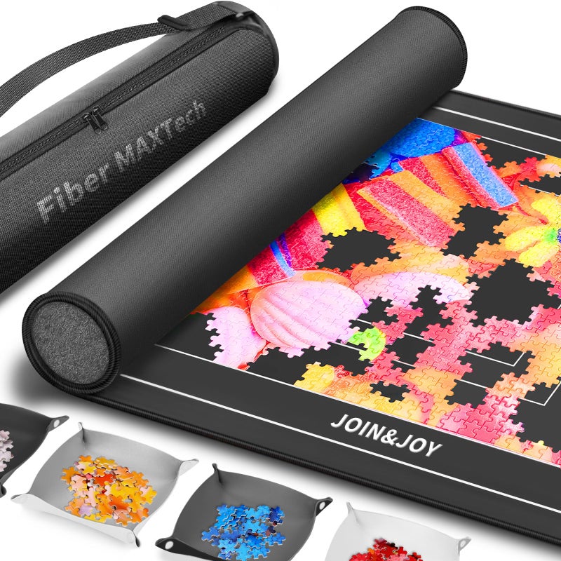 Join&Joy Jigsaw Puzzle Mat Roll Up, Rubber Saver Pad 46" x 26 ", with 4 Sorting Trays & Travel Storage Bag, Portable Rollup Puzzles Keeper, Up to 1500 Pieces - Image 1
