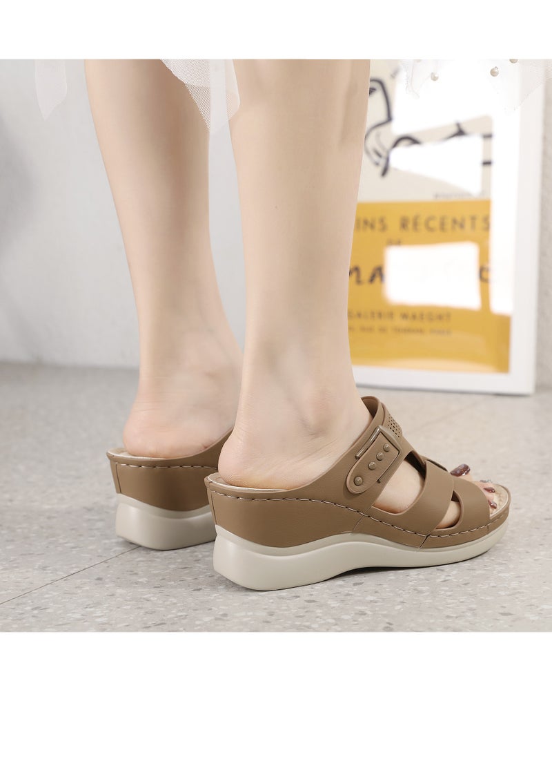 SIKETU - Spring And Summer New Comfortable Casual Wedges To Wear Sandals Outside The Beach Brown - Image 1
