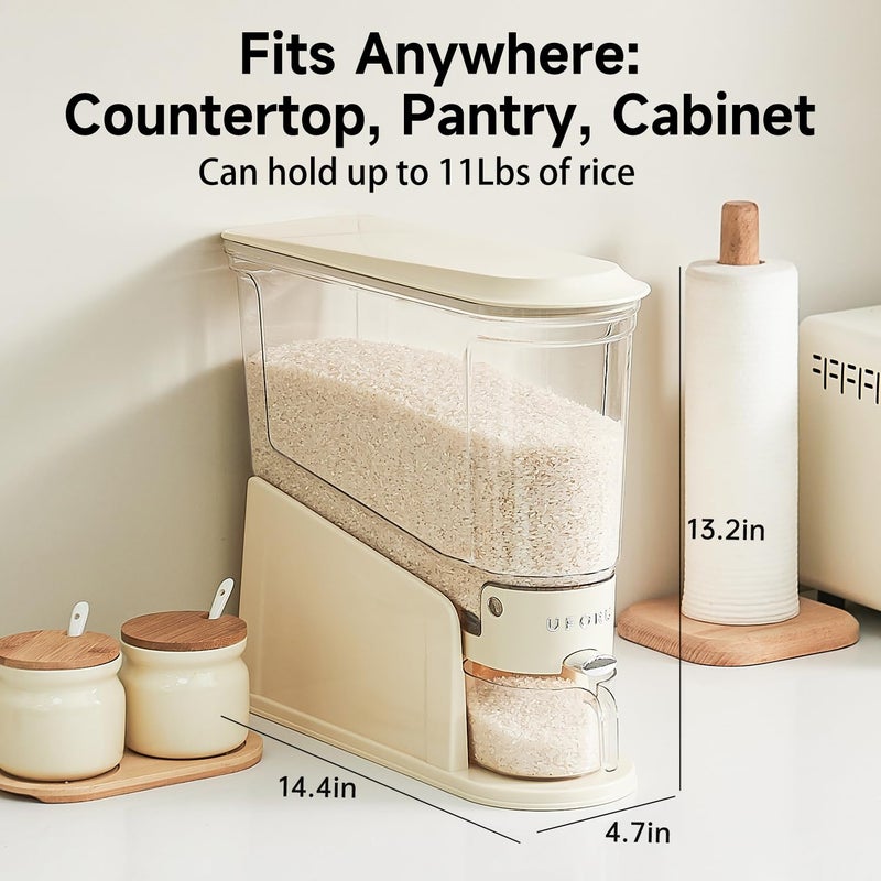 UFORU Rice Dispenser 11Lbs, Slim Rice Storage Container for Small Space, BPA-Free Clear Dry Food Dispenser Sealed Moisture Proof, Grain&Cereal Storage Bucket for Kitchen Pantry Household, Cream White - Image 3