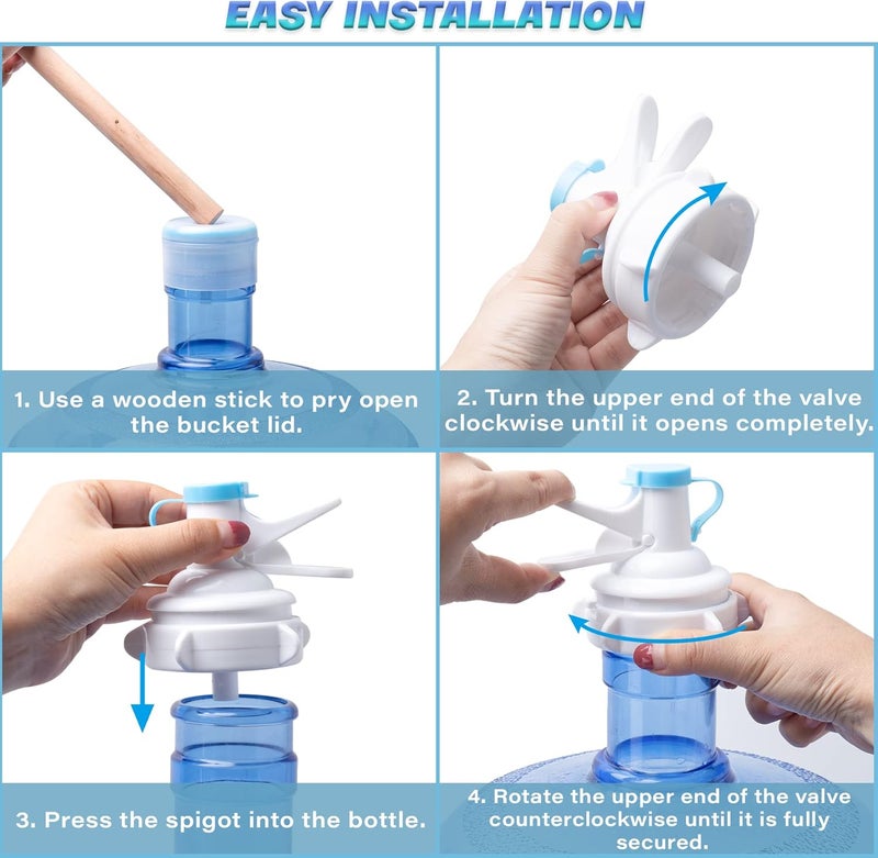 OHOH 2 Pack Water Dispenser Valve, Water Jug Dispenser Valve, Jug Cap Bottle Spout Reusable Plastic Spigot Faucet with Dustproof Cap and Wood Stick for 55mm Non Threaded Crown Top Drinking Bottle - Image 3