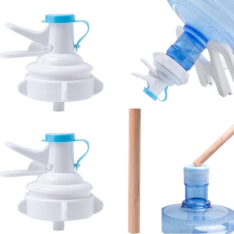 OHOH 2 Pack Water Dispenser Valve, Water Jug Dispenser Valve, Jug Cap Bottle Spout Reusable Plastic Spigot Faucet with Dustproof Cap and Wood Stick for 55mm Non Threaded Crown Top Drinking Bottle - Image 1