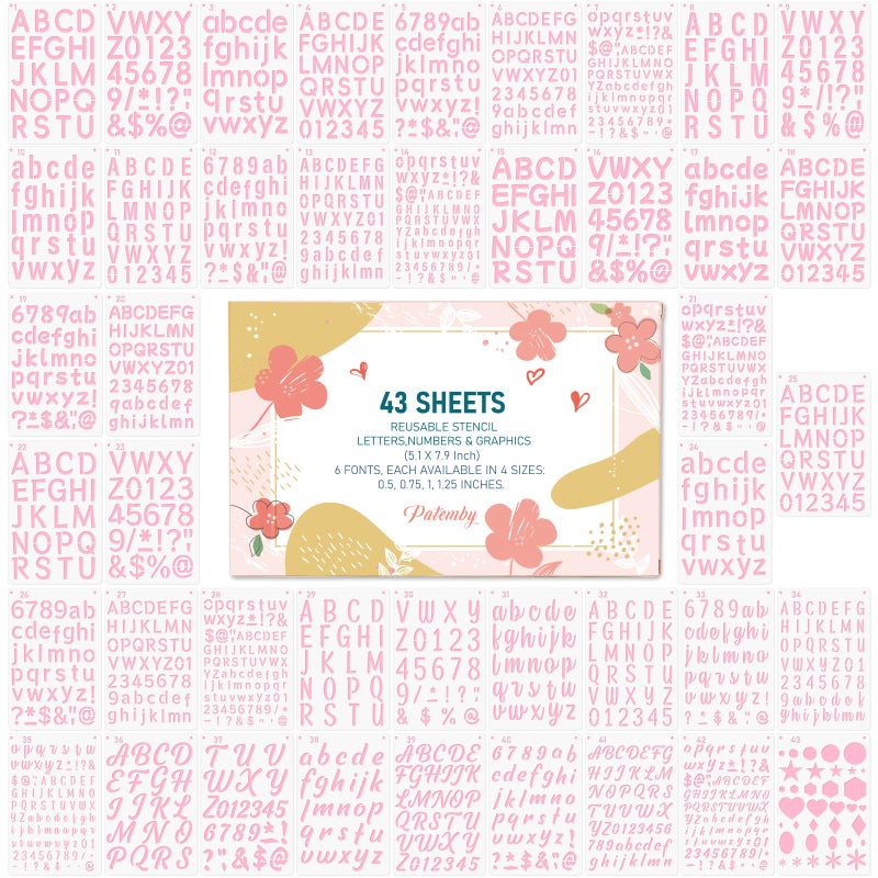Patemby 1/2, 3/4, 1, 5/4 Inch Small Letter Stencils for Painting, 43 Pack Crafts Reusable Plastic Letter Templates 6 Different Font with Tiny Number & Alphabet Stencil for DIY Crafts Art Projects - Image 1