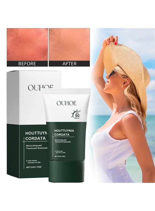 OUHOE Moisturizing And Translucent Sunscreen，Silky Moisture Sunscreen, Korean SPF 50+ PA++++ Clear Filter Sun Essence, Moisture Daily Sunscreen, No White Cast&Sticky, Hydrating, Moisturizing,Light Finish Universal Sun Essence for All Skin 50G - Image 1
