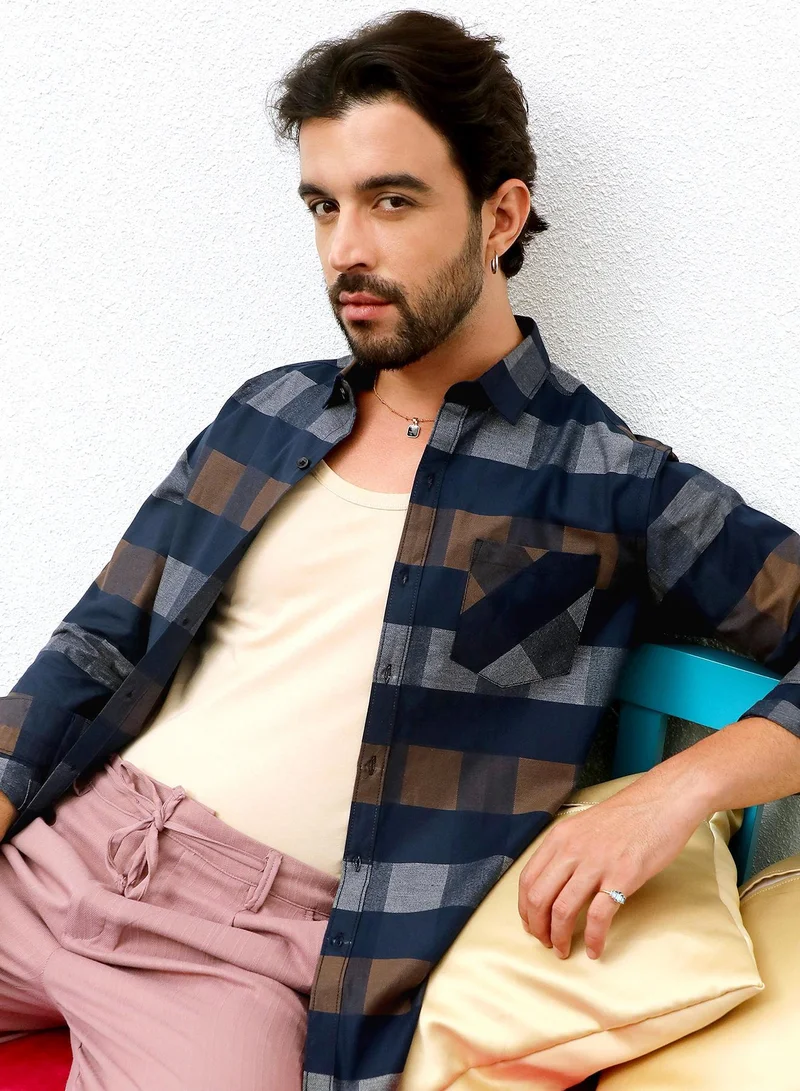 كامبوس سوترا قميص كاروهات رجالي باللون الرمادي والزيتوني للملابس الكاجوال