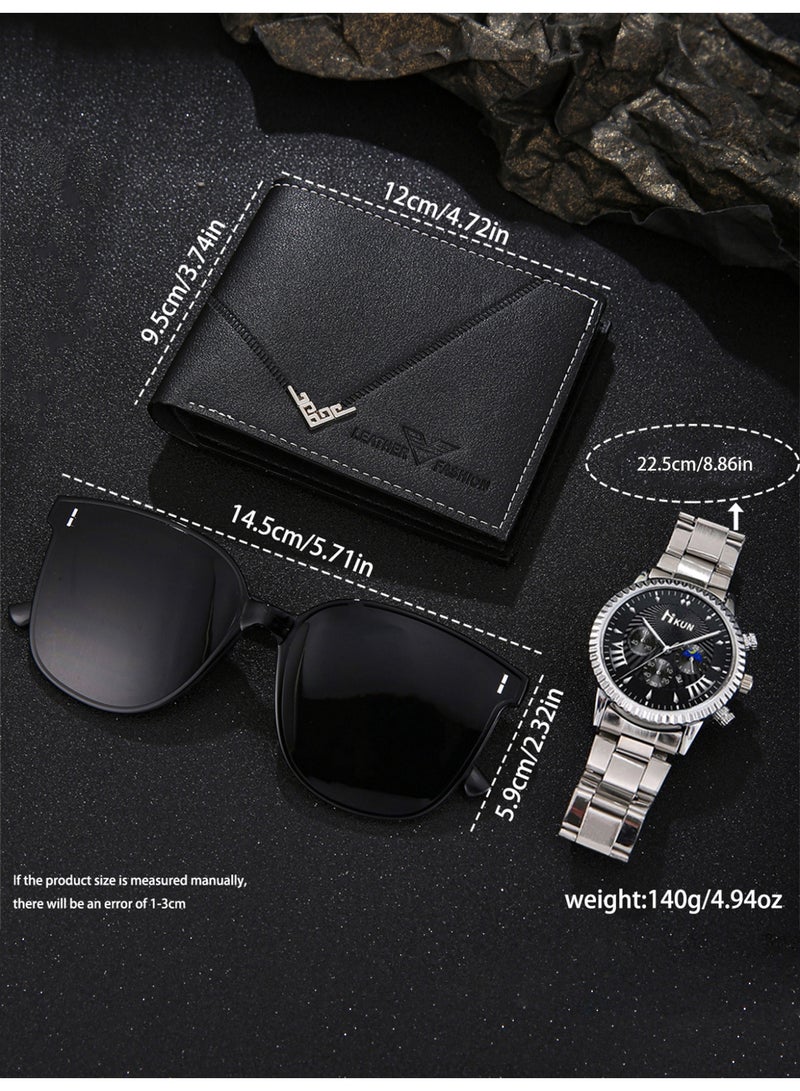 3pcs ساعة رجال مجموعة، عارضة 100 ركوب الأعمال الأزياء الفولاذ المقاوم للصدأ الساعة الأزياء + محفظة + النظارات الزخرفية، مناسبة لإعطاء هدية عيد الميلاد الكمال له - Image 3