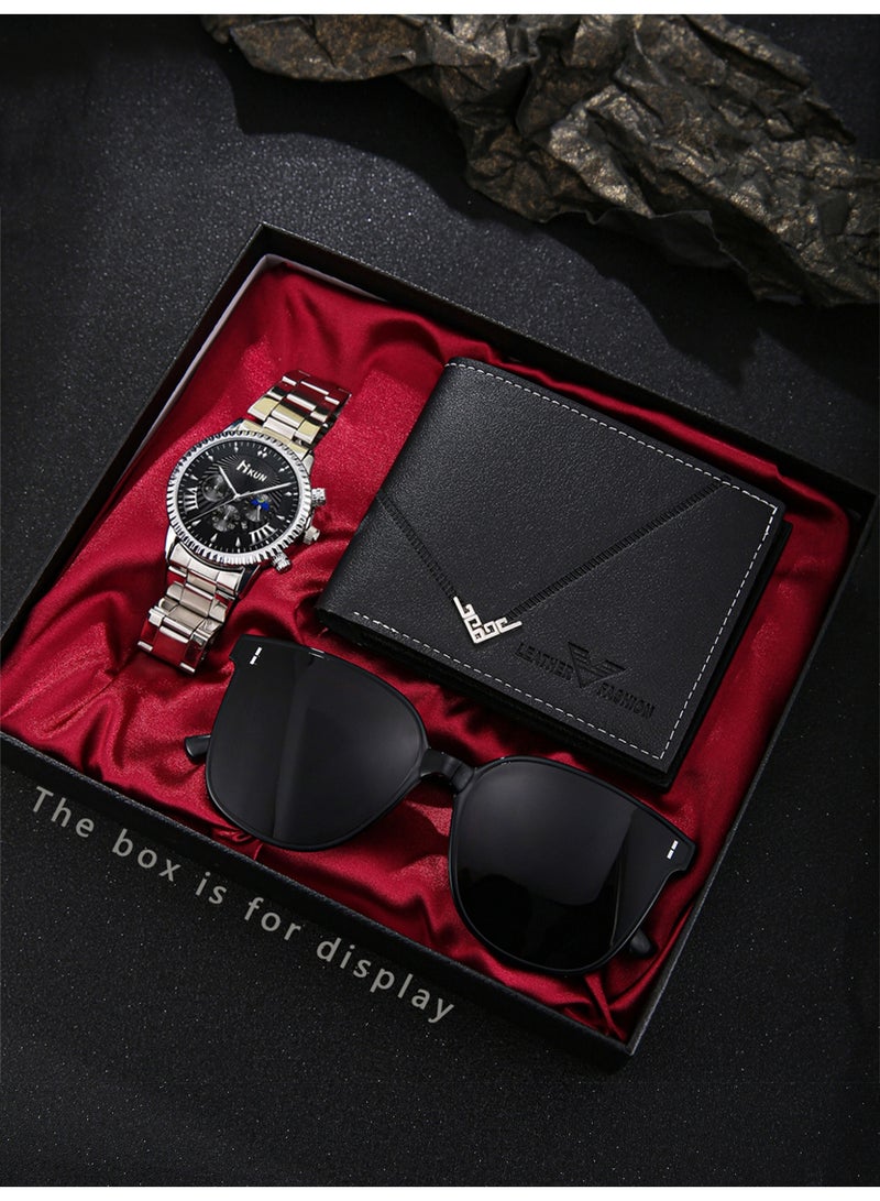3pcs ساعة رجال مجموعة، عارضة 100 ركوب الأعمال الأزياء الفولاذ المقاوم للصدأ الساعة الأزياء + محفظة + النظارات الزخرفية، مناسبة لإعطاء هدية عيد الميلاد الكمال له - Image 1