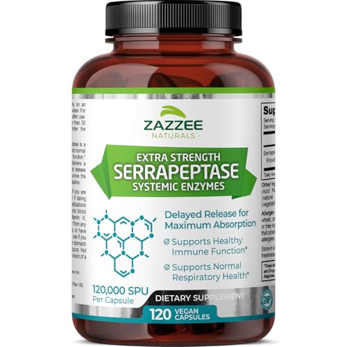 Zazzee Delayed Release Serrapeptase 120000 SPU per Capsule 120 Vegan Capsules 4 Month Supply Extra Strength Potent and Concentrated Systemic Enzymes 100 Vegetarian AllNatural and NonGMO