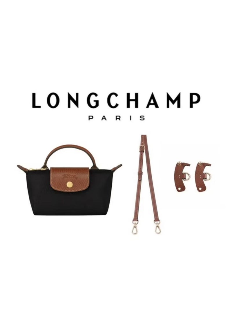 لونج شامب لو بليج الأصلي يأتي في حقيبة صغيرة مع مقبض وحزام الكتف قماش المعاد تدويره الأسود - Image 1