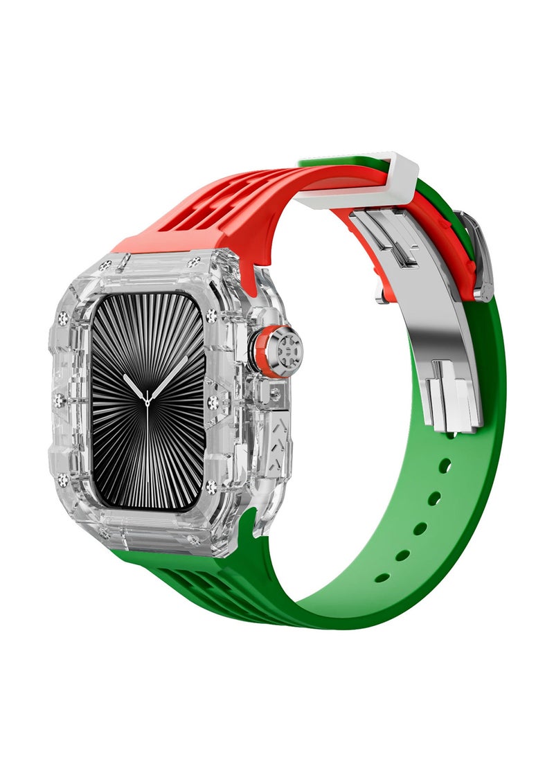 Generic Fluororubber Band with Quick Release Case for Apple Watch Series 10 46mm, Luxury Richard RM Mod Kit for Apple iWatch S10 46mm, Clear-Red Green-Silver  - Image 2