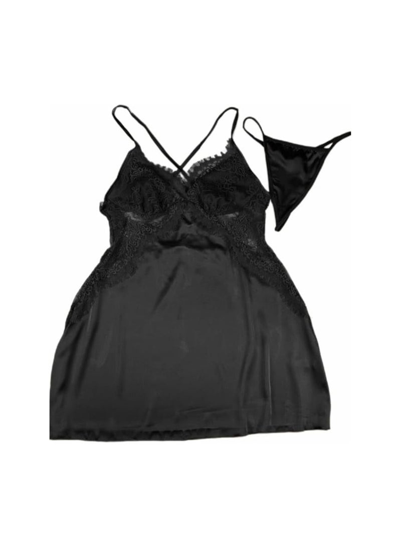 بونكا قميص نوم لانجيري مصنوع من الساتان الناعم مطرز من الاعلى لون أسود من بونكا - Image 1