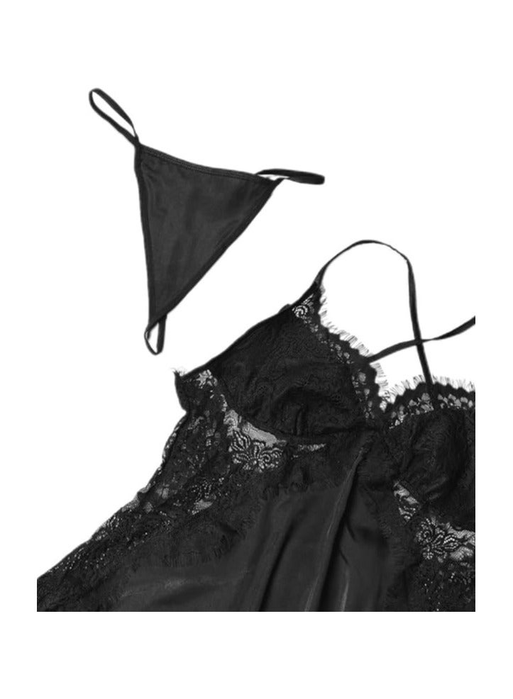بونكا قميص نوم لانجيري مصنوع من الساتان الناعم مطرز من الاعلى لون أسود من بونكا - Image 3