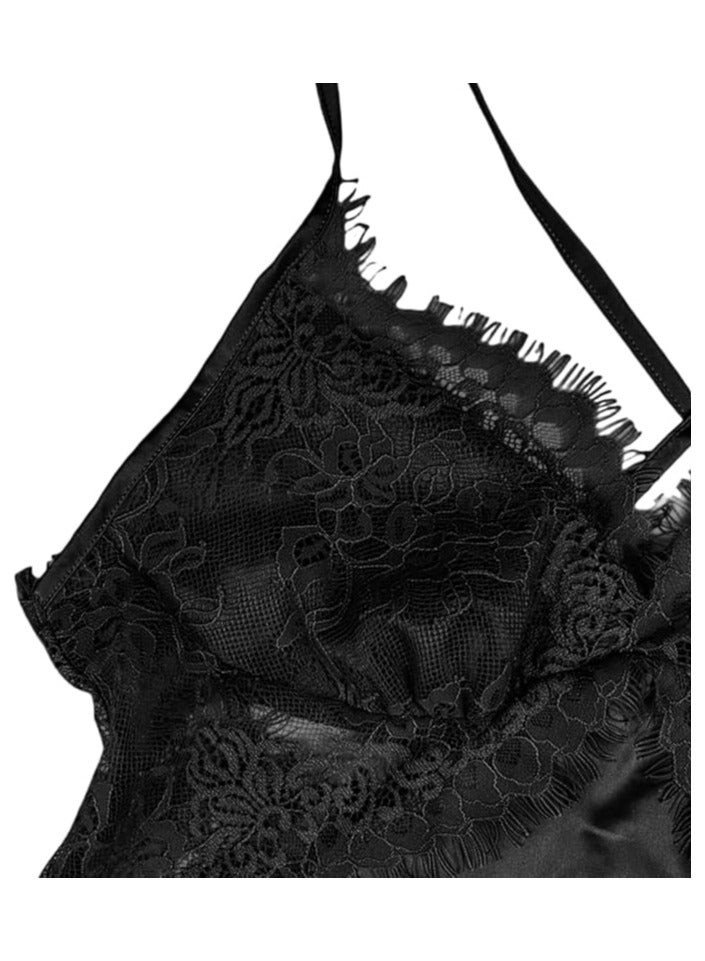بونكا قميص نوم لانجيري مصنوع من الساتان الناعم مطرز من الاعلى لون أسود من بونكا - Image 4