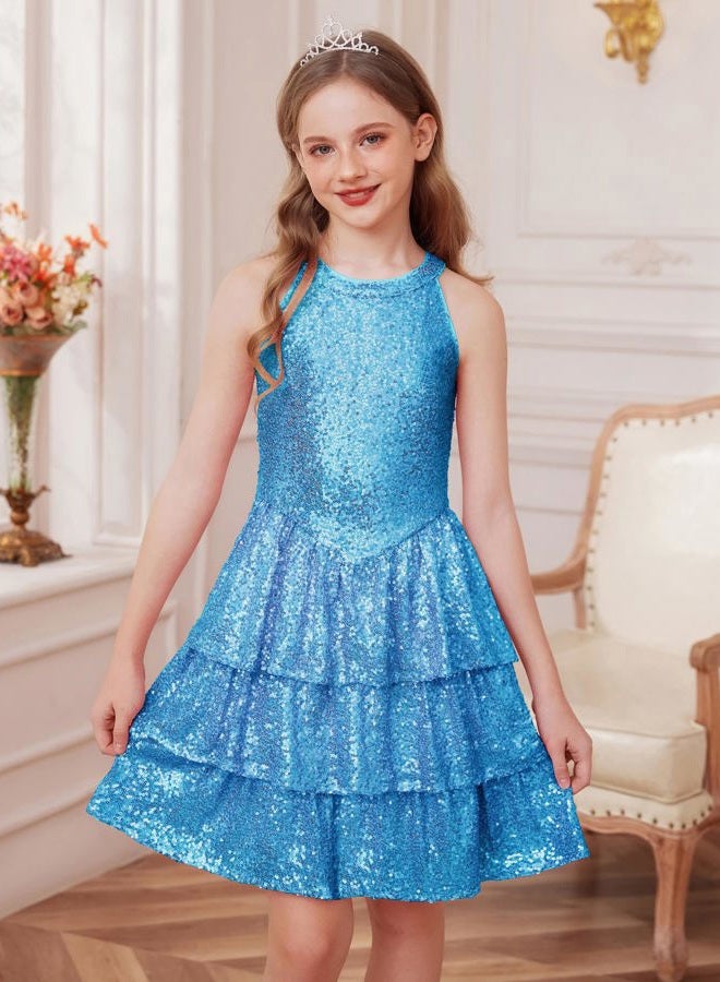 GRACE KARIN Girls Sequin Party Dress Sparkly Formal Birthday Special Occasion Kids Fancy Pageant Teen Dresses Size 6-14, Light Blue, 8-10 Years - Image 3