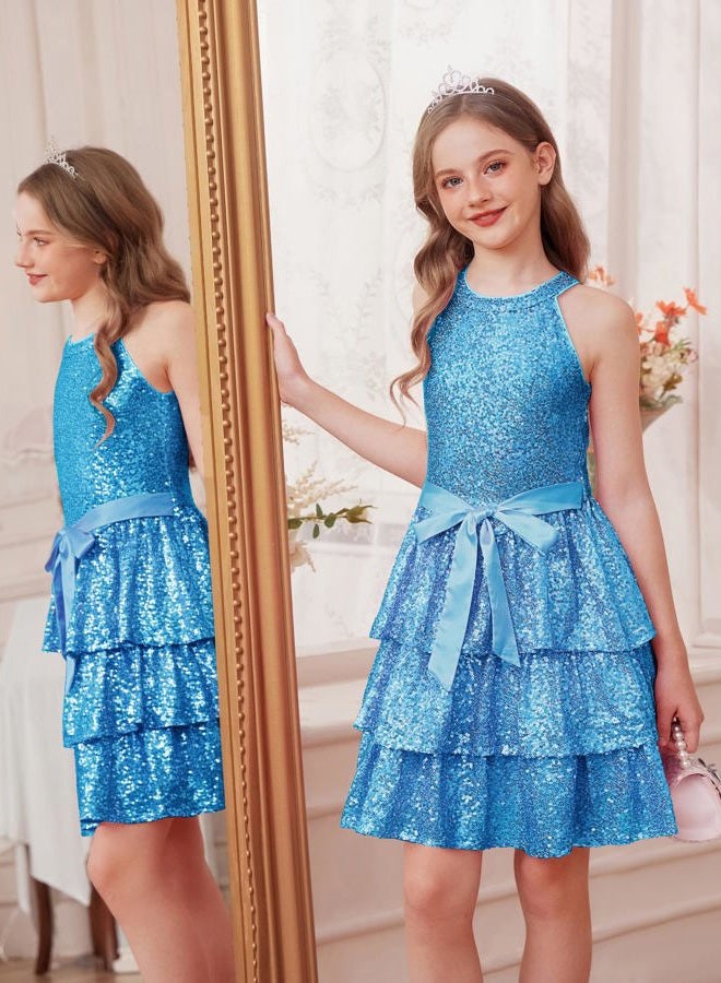 GRACE KARIN Girls Sequin Party Dress Sparkly Formal Birthday Special Occasion Kids Fancy Pageant Teen Dresses Size 6-14, Light Blue, 8-10 Years - Image 5