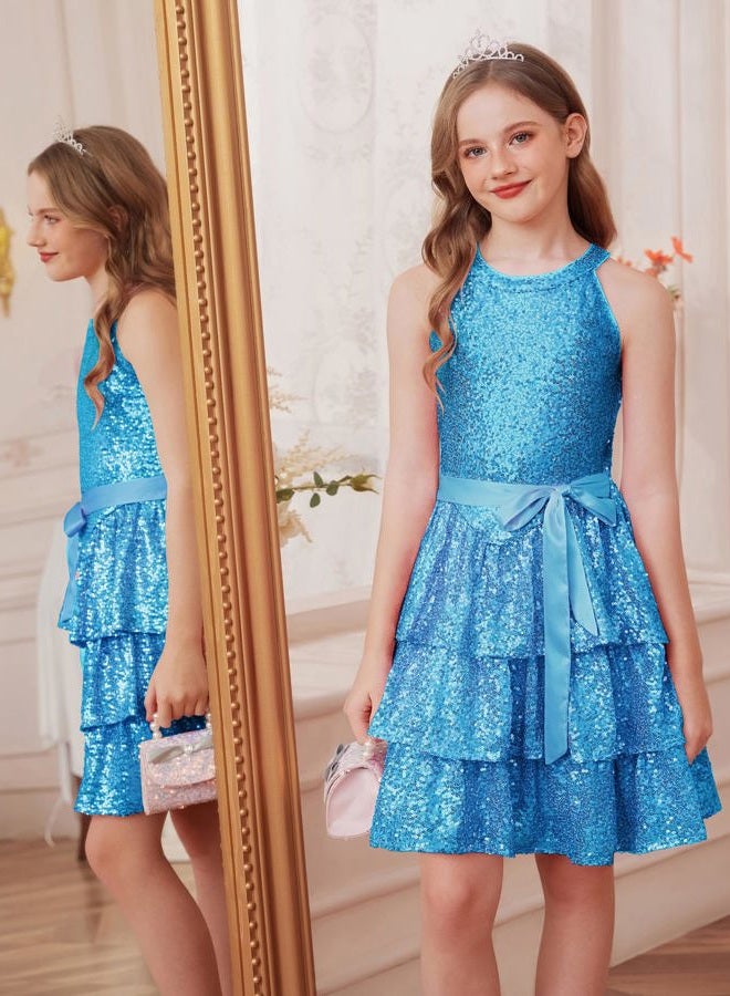 GRACE KARIN Girls Sequin Party Dress Sparkly Formal Birthday Special Occasion Kids Fancy Pageant Teen Dresses Size 6-14, Light Blue, 8-10 Years - Image 2