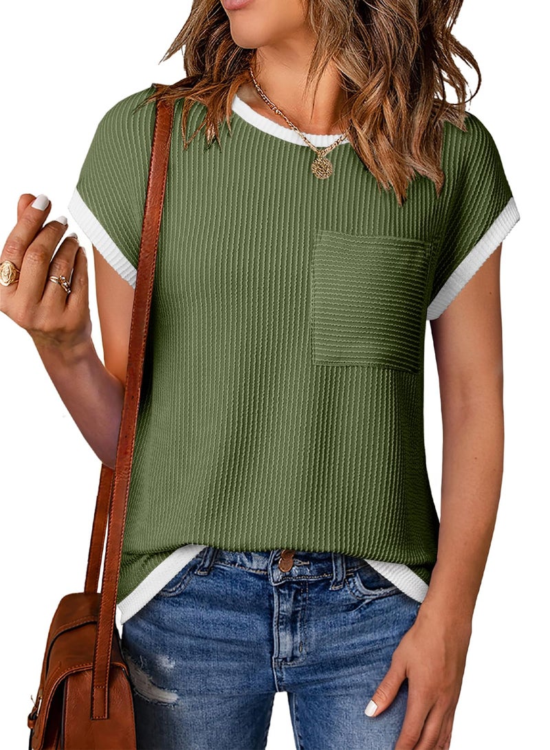 EVALESS 2026 Trendy Tops for Women Crewneck Short Sleeve Cute Solid Basic T Shirts Dressy Casual Loose Ribbed Knit Tee Fashion Blouses Spring Outfits Green Large - Image 1