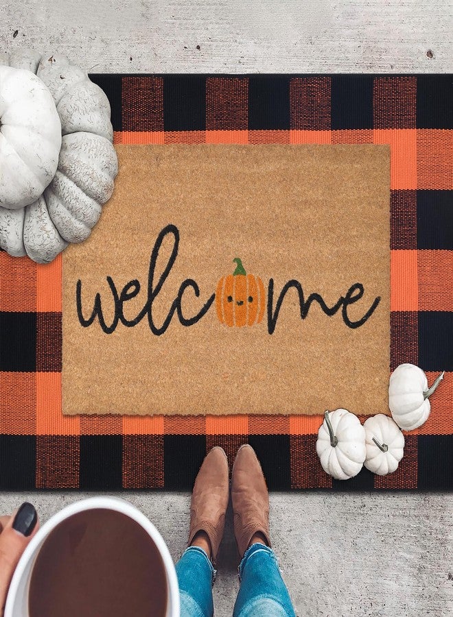Fallovea Fall Decor Doormat Combo Set, Welcome Coco Coir Welcome Mat + 28" x 43" Orange and Black Plaid Rug, Autumn Thanksgiving Front Porch Entryway Decor Floor Mat - Image 3
