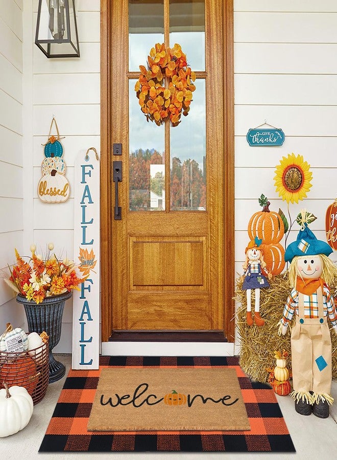 Fallovea Fall Decor Doormat Combo Set, Welcome Coco Coir Welcome Mat + 28" x 43" Orange and Black Plaid Rug, Autumn Thanksgiving Front Porch Entryway Decor Floor Mat - Image 1