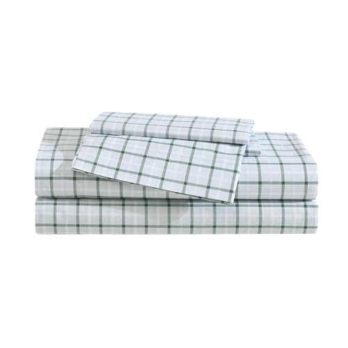 Eddie Bauer Queen Sheet Set Premium Cotton Percale Bedding Set Plaid Home Decor OekoTex Certified Classic Tattersall Plaid Green Queen - Image 1