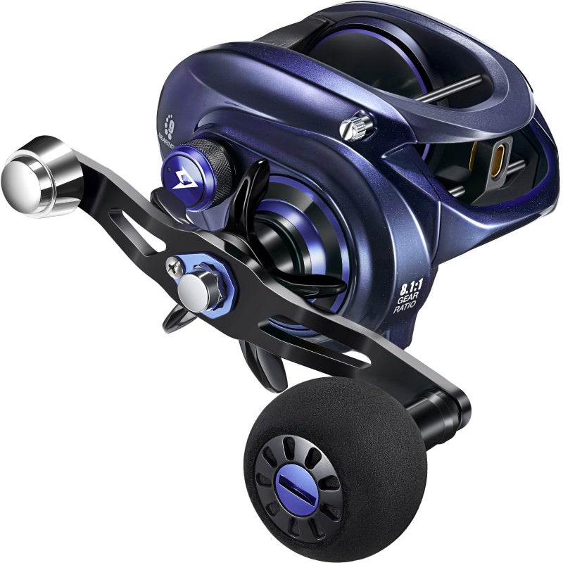 Piscifun Baitcaster Fishing Reel, 35Lbs Max Drag Aluminum Alloy Frame Baitcasting Reel, 8.1:1 Gear Ratio Freshwater & Saltwater Low Profile Casting Reel for Musky, Blue-Violet Right Handle - Image 1