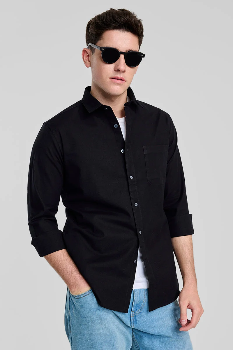سنيتش Black Solid Long Sleeve Slim Fit Casual Shirt