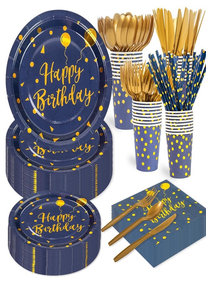 PUEVENYI 400PCS Happy Birthday Party Supplies, Deep Blue and Gold Disposable Dinnerware Set Includes Paper Plates Napkins Cups Straws Forks Knivesand Spoons for Graduation Birthday Party Decorations, Serve 50 - Image 1