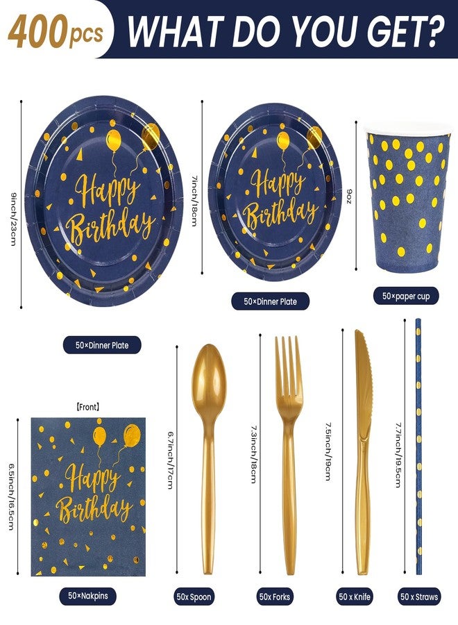 PUEVENYI 400PCS Happy Birthday Party Supplies, Deep Blue and Gold Disposable Dinnerware Set Includes Paper Plates Napkins Cups Straws Forks Knivesand Spoons for Graduation Birthday Party Decorations, Serve 50 - Image 2